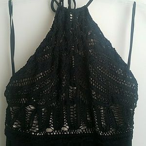 Black dress with lace over tan fabric halter